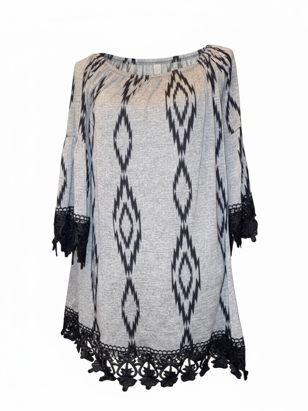 YAHADA Mini Dress Crocheted Fringe Embellishments in Gray and Black Size Medium